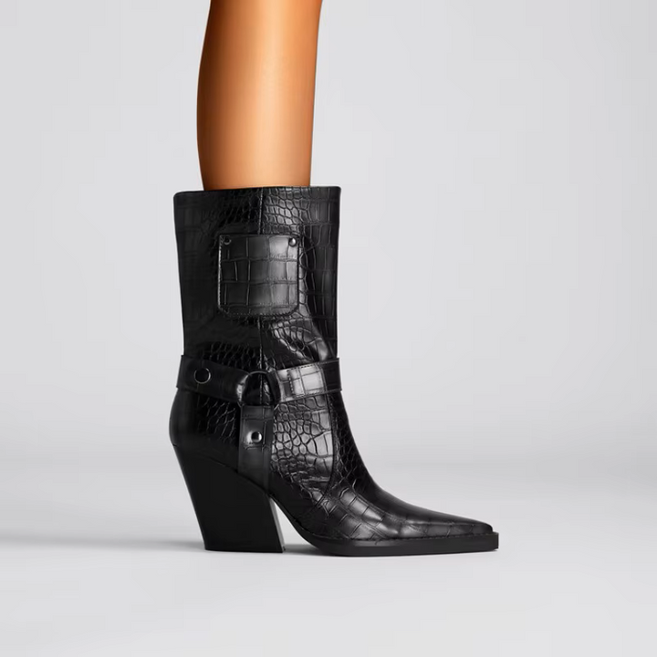 Black crocodile-patterned high-heeled boots on a white background