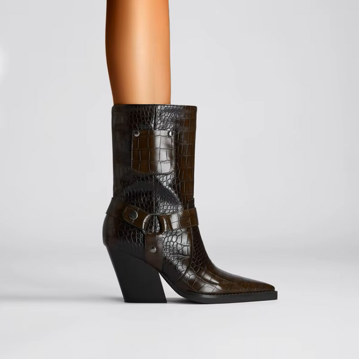 Brown crocodile-patterned high-heeled boots on a white background