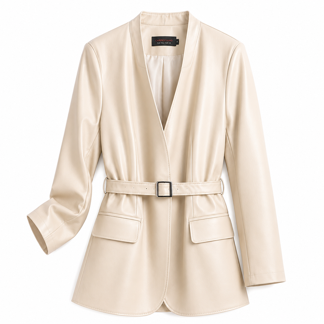 A light beige leather blazer with a matching belt and silver buckle, displayed on a clean white background.