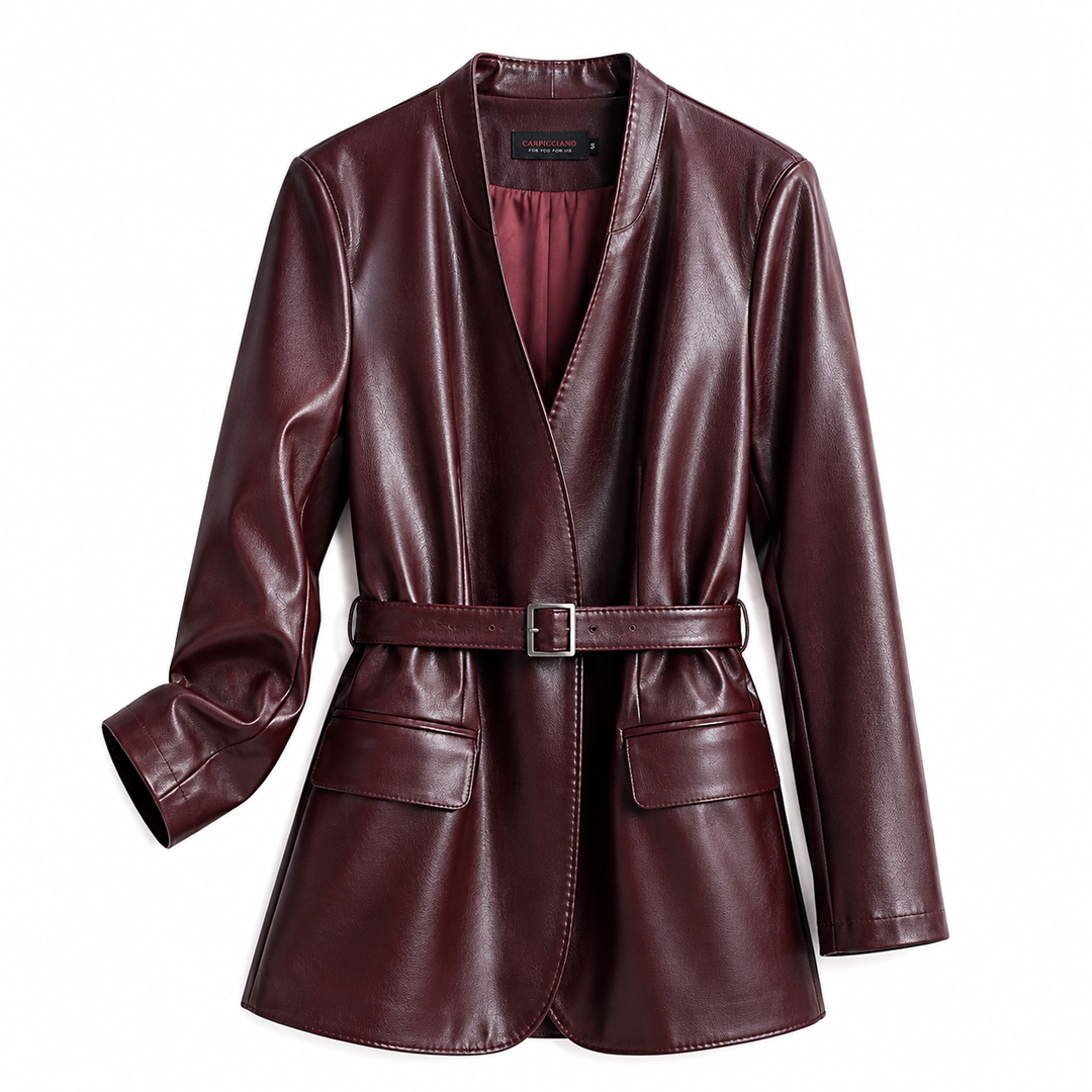 A women's wrap-style leather jacket in deep burgundy, featuring a matching belt with a silver buckle, long sleeves, and front flap pockets, shown on a plain white background.