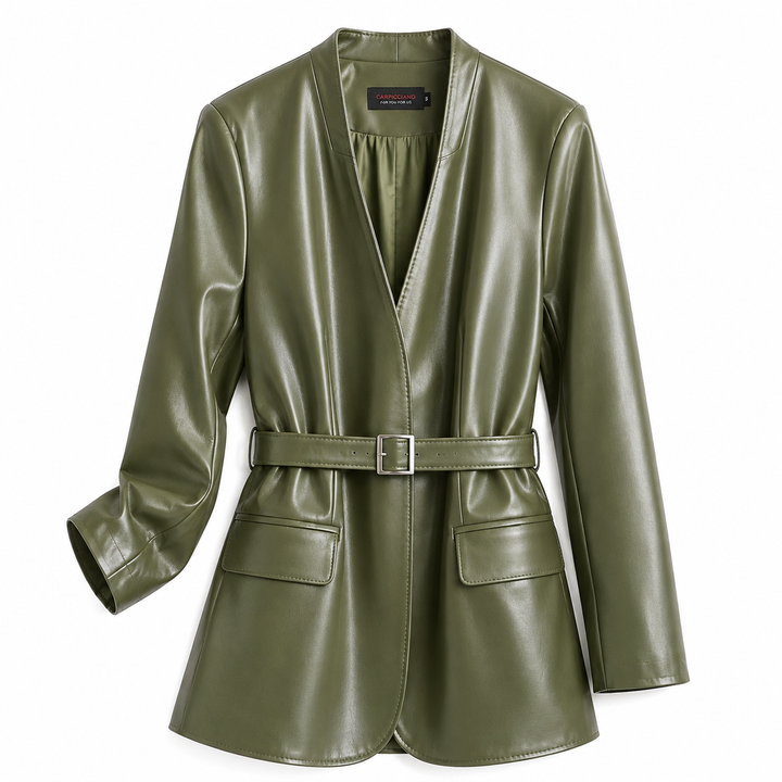 An olive green leather blazer with a matching waist belt and silver buckle, displayed on a clean white background.
