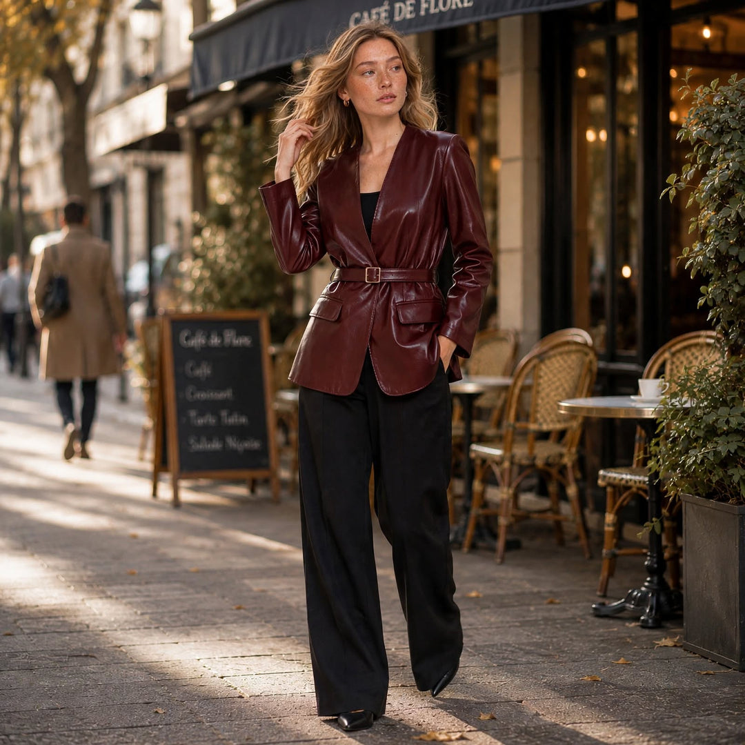 A woman walks on a city sidewalk wearing a dark burgundy leather belted blazer, black wide-leg trousers, and black heels, with cafe storefronts in the background.