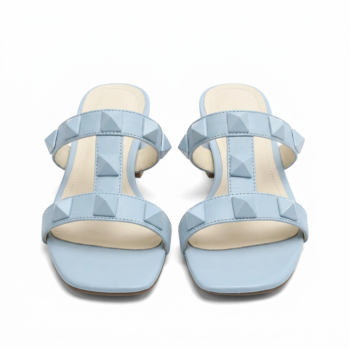 Baby Blue Mira Leather Sandals, women's studded block heel sandals, front view