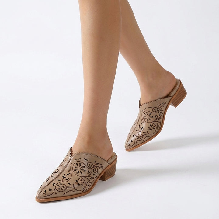 Beige Elodie Filigree Heels, women's floral cutout heels, worn front view