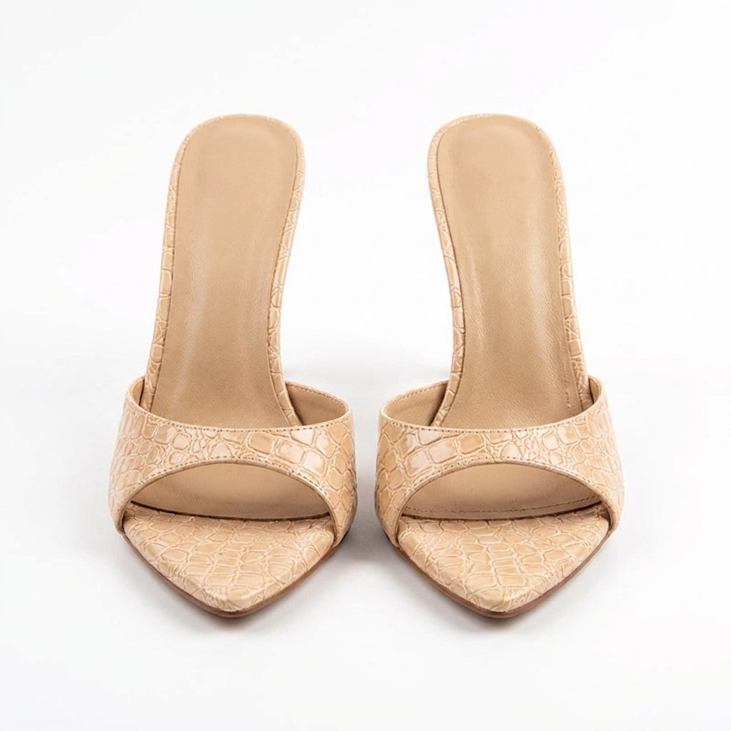 Beige Delphine Croc Heels, women's pointed toe stiletto heels, front view