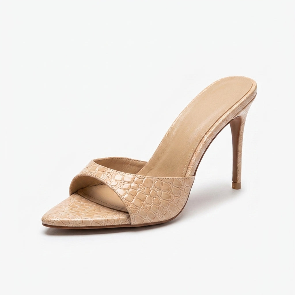 Beige Delphine Croc Heels, women's pointed toe stiletto heels, side profile