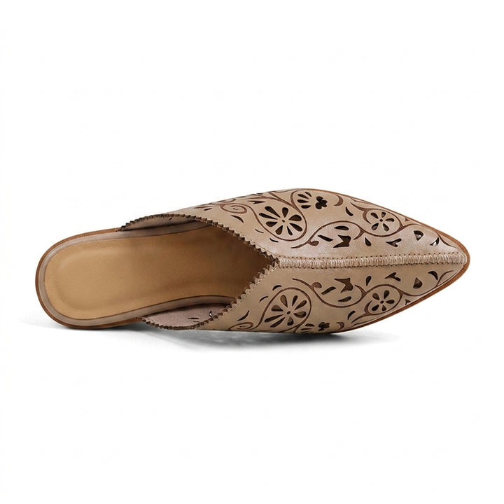 Beige Elodie Filigree Heels, women's floral cutout heels, side profile