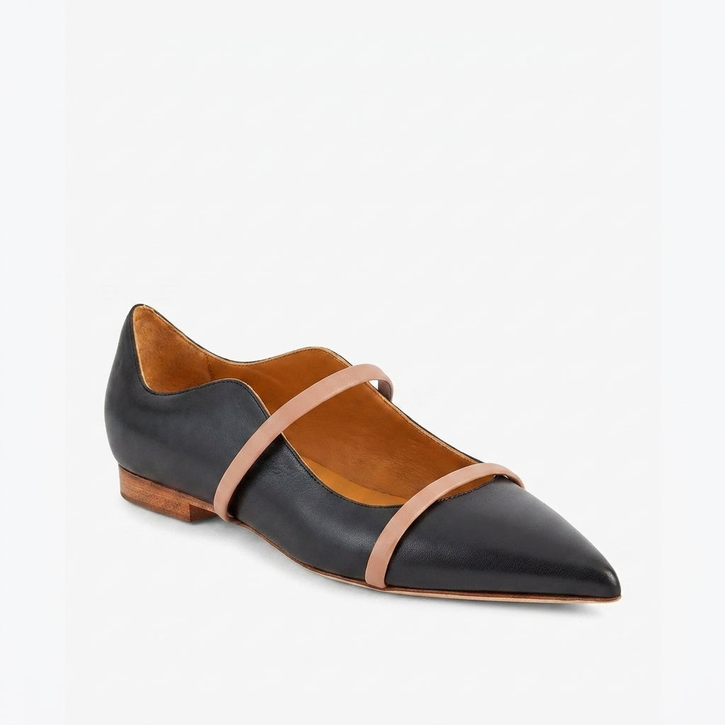 Black and Pink Odette Double-Strap Flats, side profile