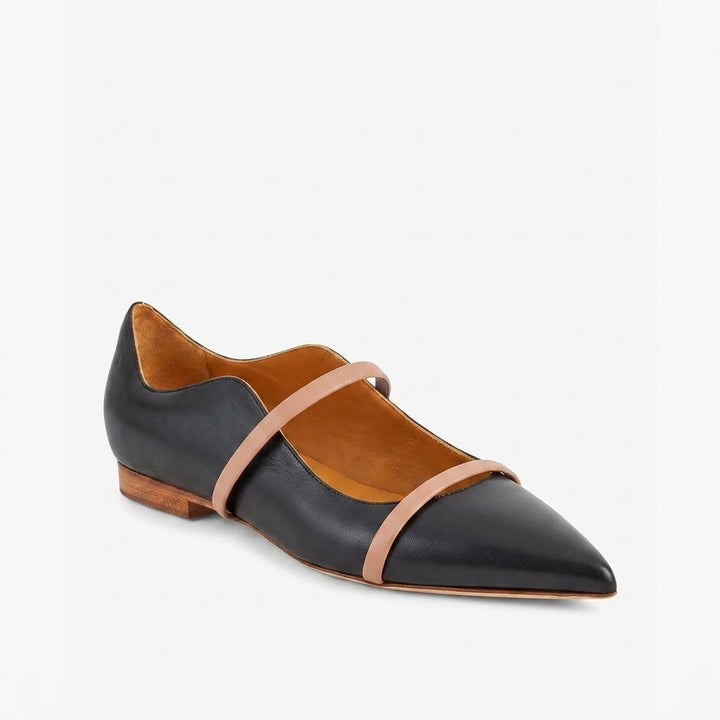 Black and Pink Odette Double-Strap Flats, side profile