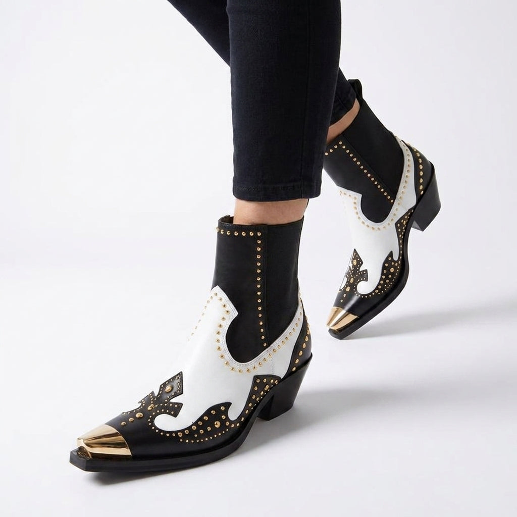 Black and White Studded Sabine Western Ankle Boots, worn front view