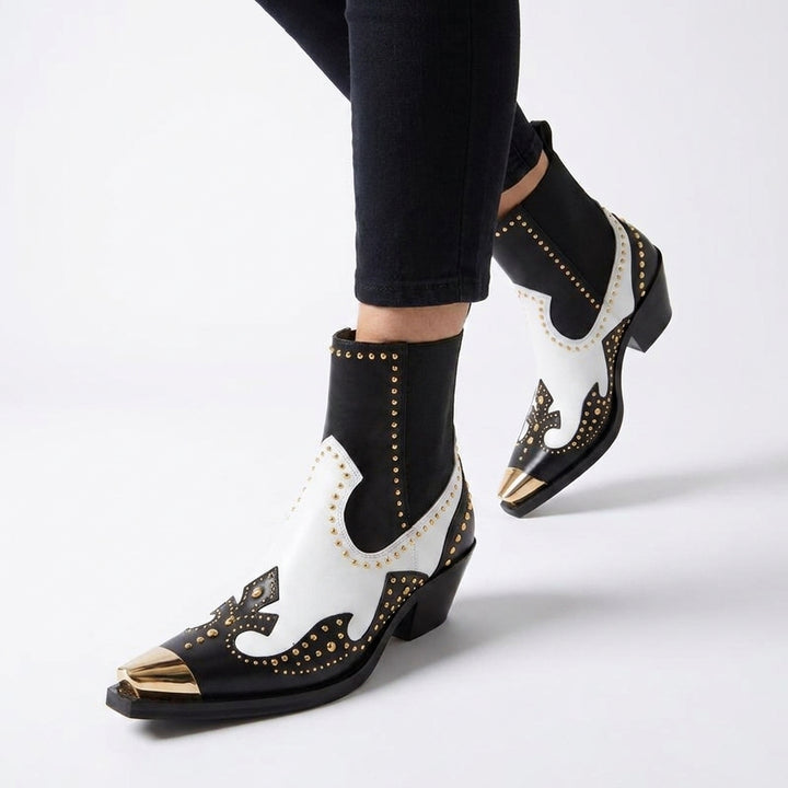 Black and White Studded Sabine Western Ankle Boots, worn front view