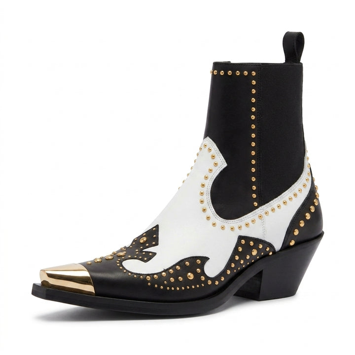 Black and White Studded Sabine Western Ankle Boots, side profile