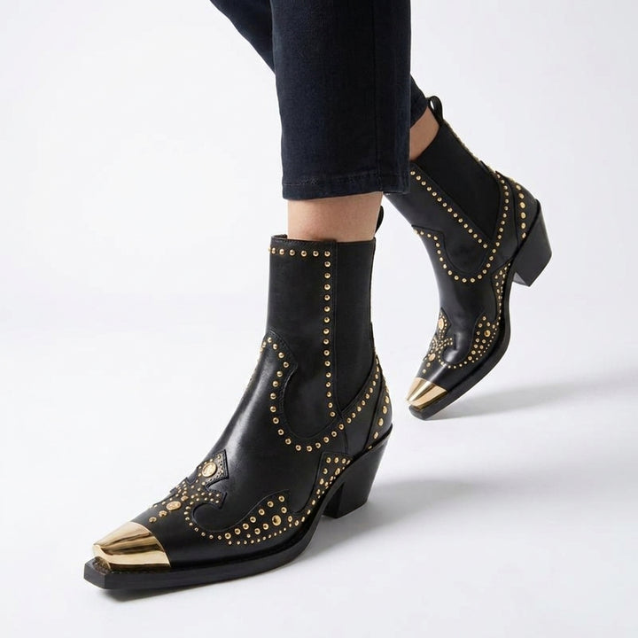 Black Studded Sabine Western Ankle Boots, worn front view