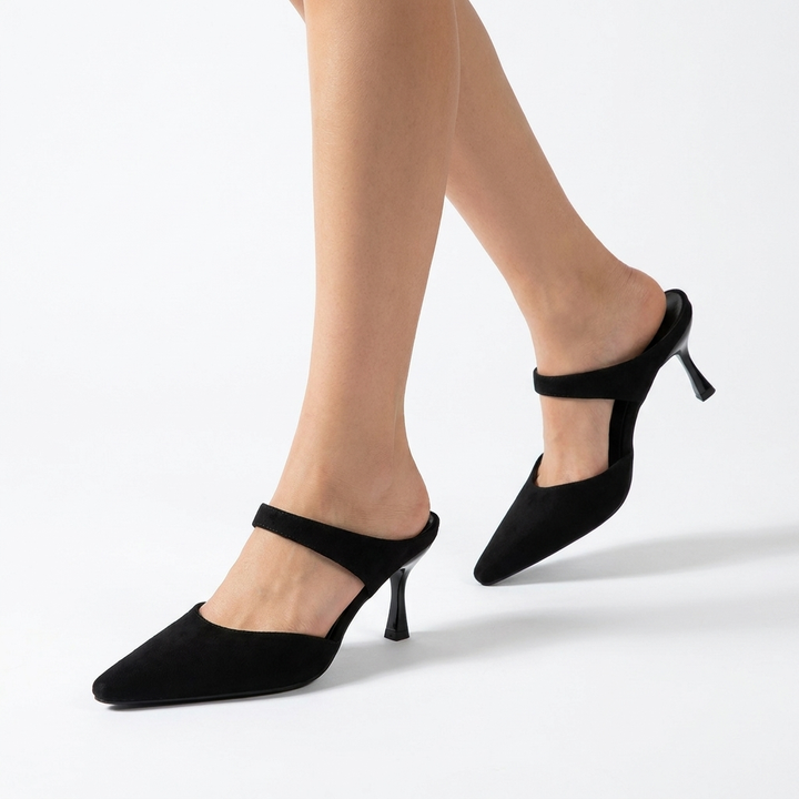 Black Margot Pointed-Toe Mules, women's pointed toe heeled mules, worn front view