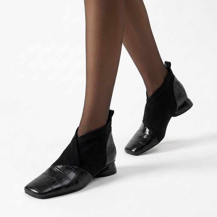 Black Ava Square-Toe Ankle Boots, women's square toe ankle boots, worn front view