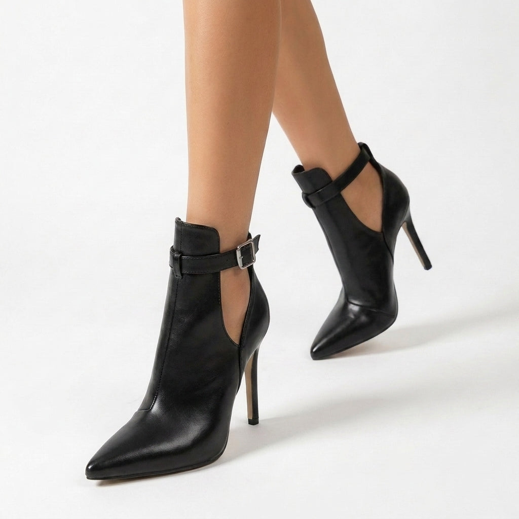 Black Petra Cutout Ankle Boots, women's cutout ankle boots, worn front view