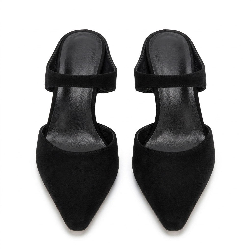 Black Margot Pointed-Toe Mules, women's pointed toe heeled mules, front view