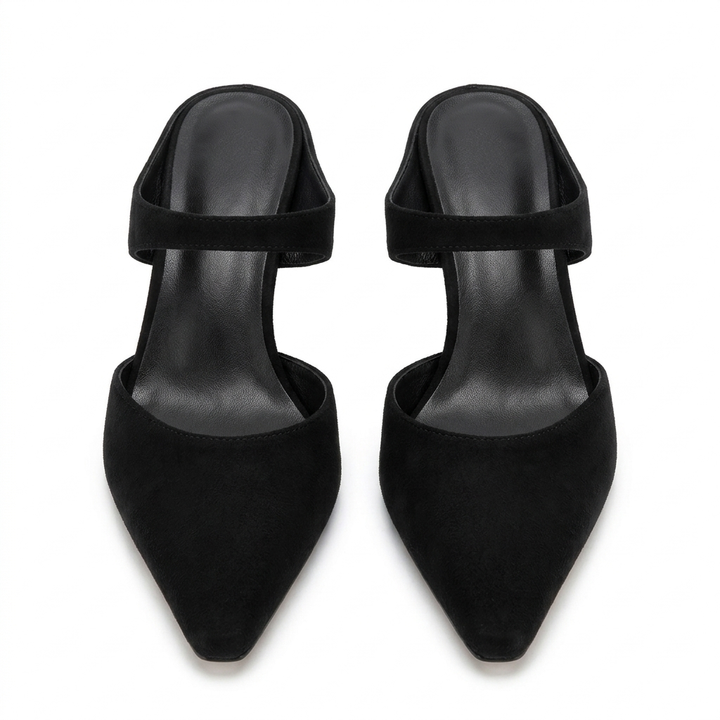 Black Margot Pointed-Toe Mules, women's pointed toe heeled mules, front view