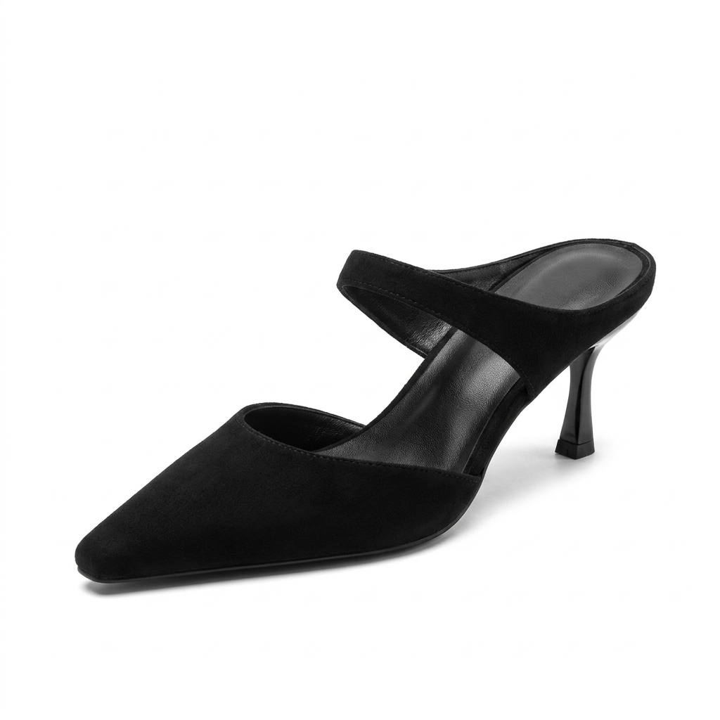 Black Margot Pointed-Toe Mules, women's pointed toe heeled mules, side profile