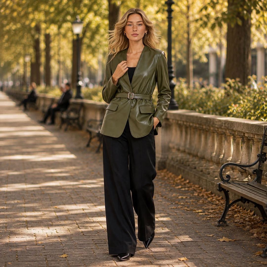 A woman walks down a sunlit park pathway wearing an olive green belted leather blazer over a black outfit with wide-leg black trousers.