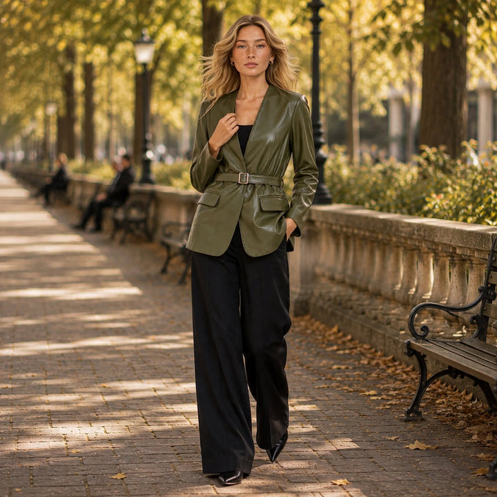 A woman walks down a sunlit park pathway wearing an olive green belted leather blazer over a black outfit with wide-leg black trousers.