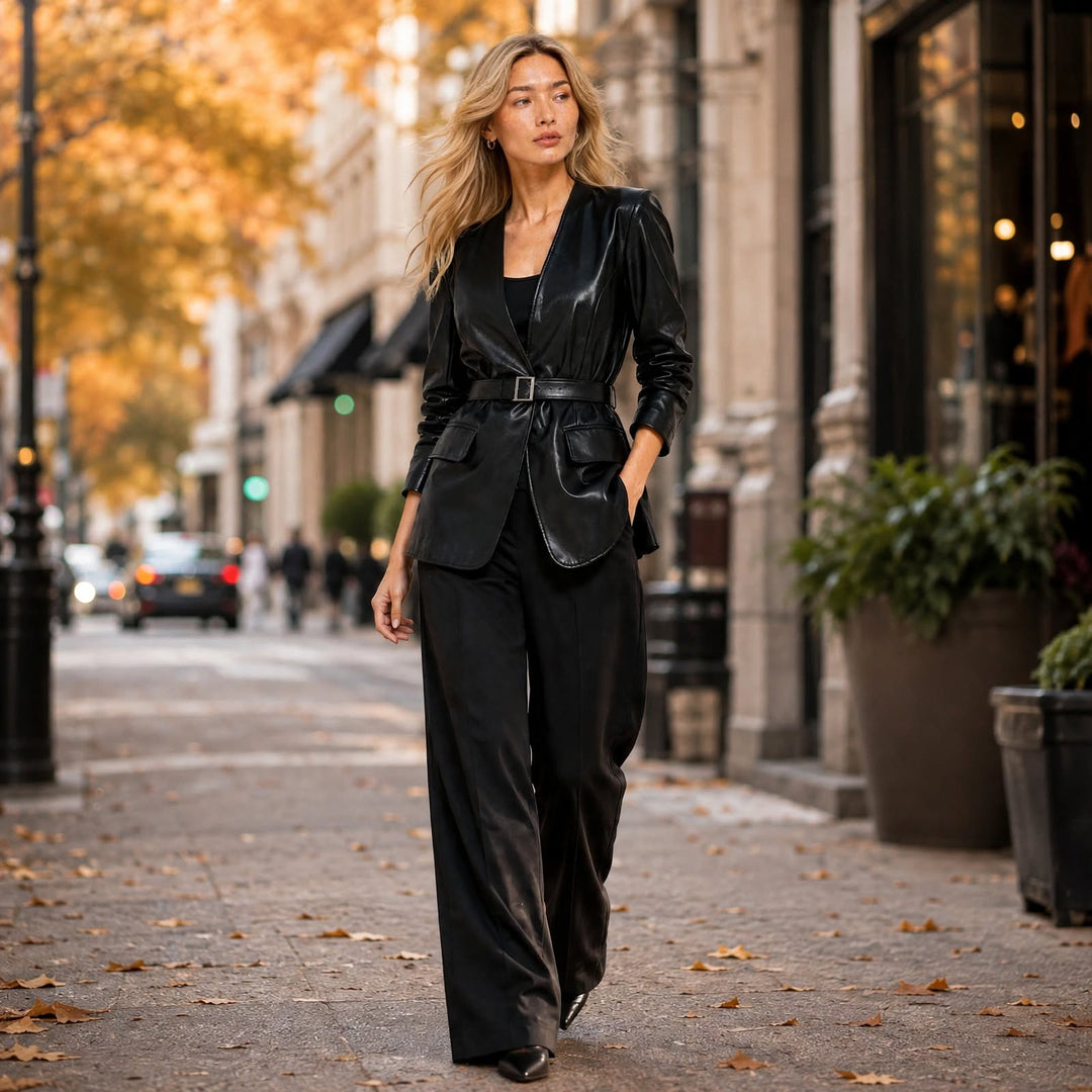 A woman walks down an autumn city street wearing a black leather belted blazer and matching wide-leg trousers.