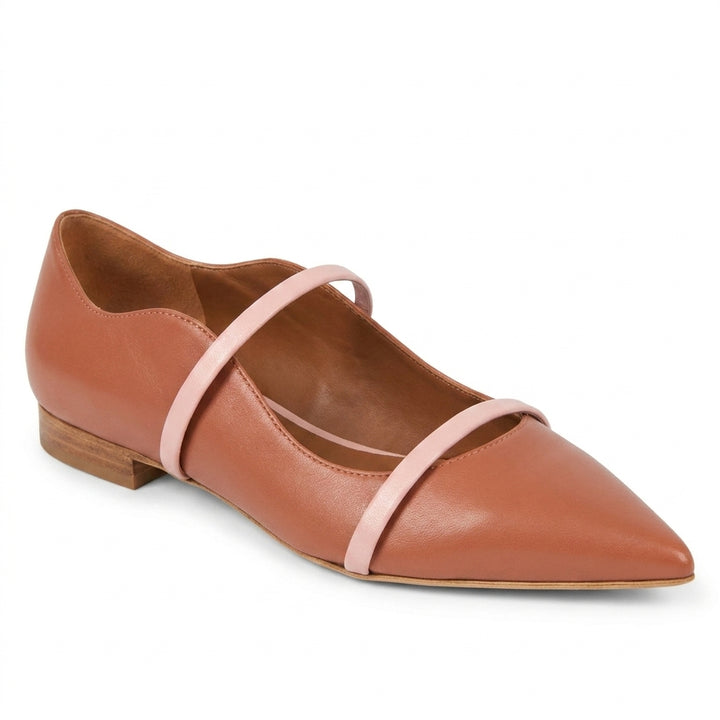 Brown and Pink Odette Double-Strap Flats, side profile