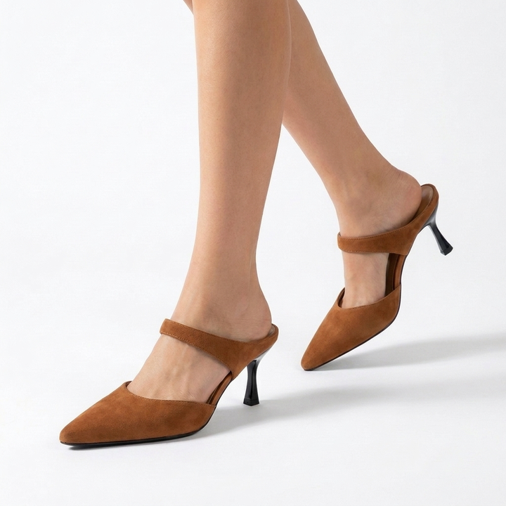 Brown Margot Pointed-Toe Mules, women's pointed toe heeled mules, worn front view