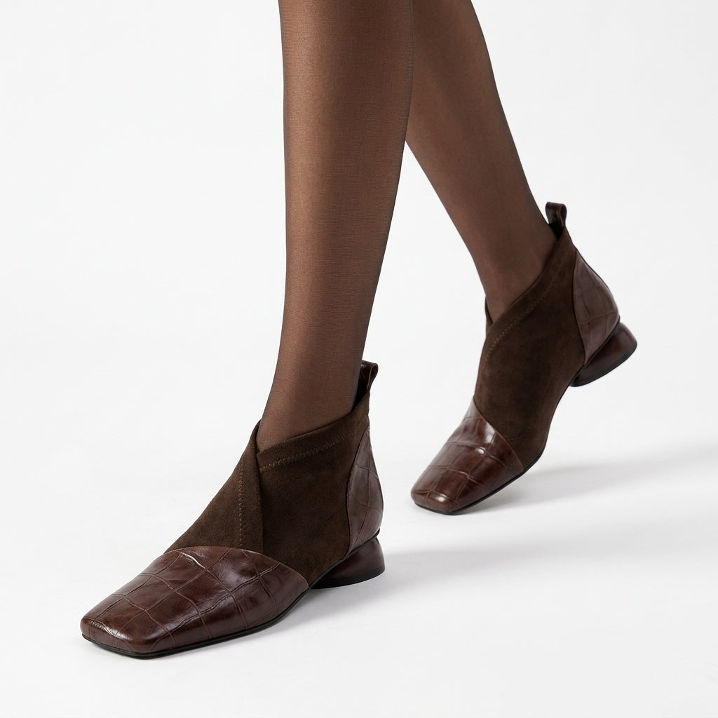 Brown Ava Square-Toe Ankle Boots, women's square toe ankle boots, worn front view