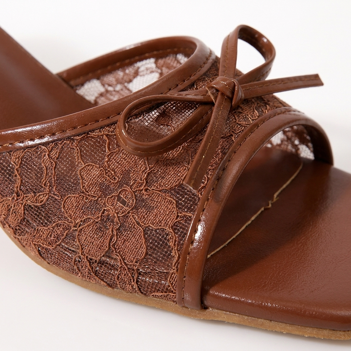 Chocolate Brown Phoebe lace kitten heels, lace and bow close-up