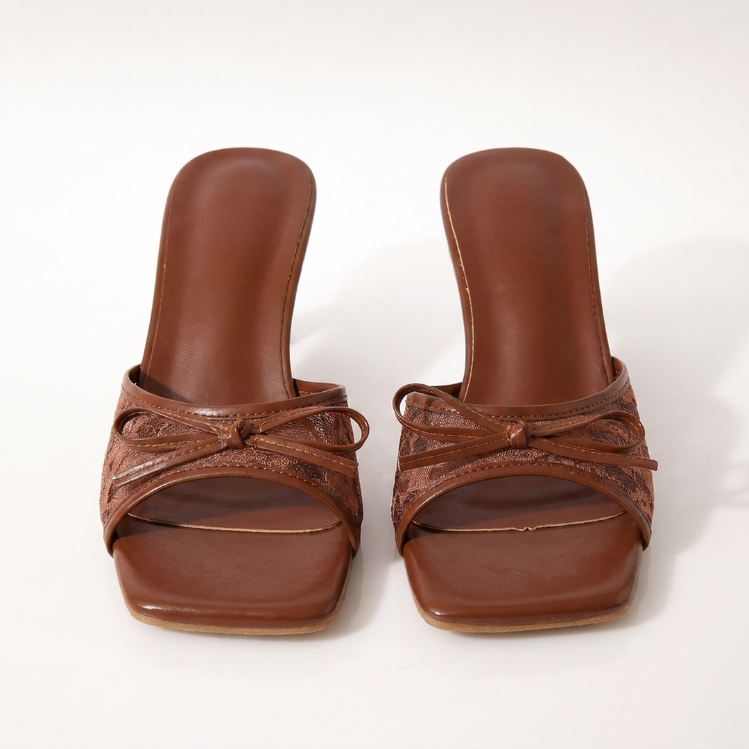 Chocolate Brown Phoebe lace kitten heels, front view of the pair