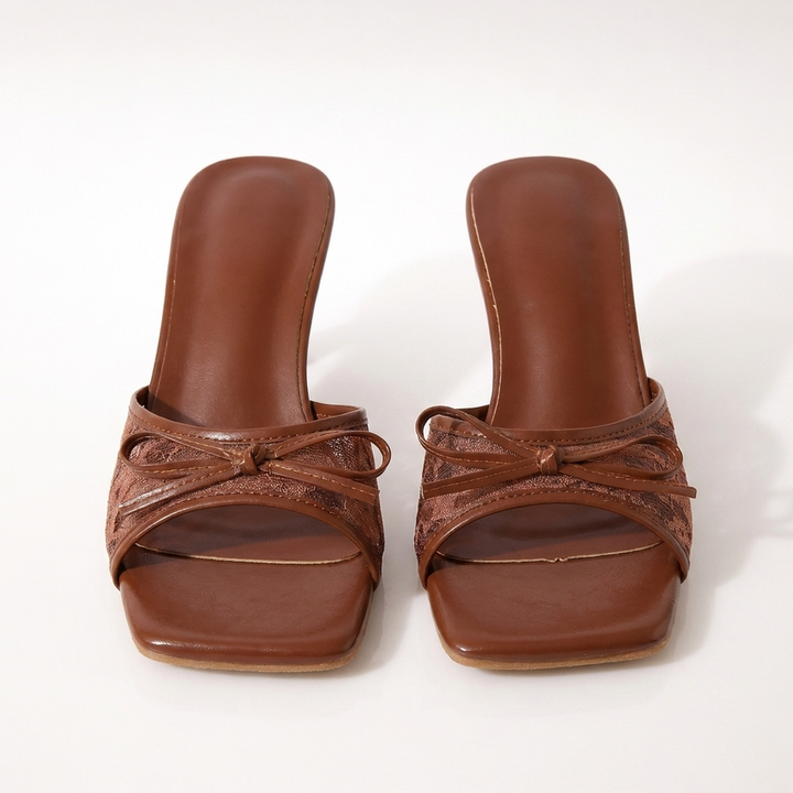 Chocolate Brown Phoebe lace kitten heels, front view of the pair