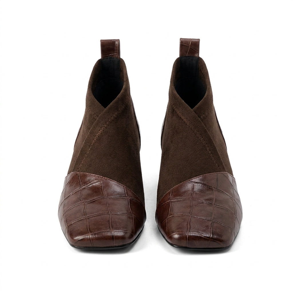 Brown Ava Square-Toe Ankle Boots, women's square toe ankle boots, front view