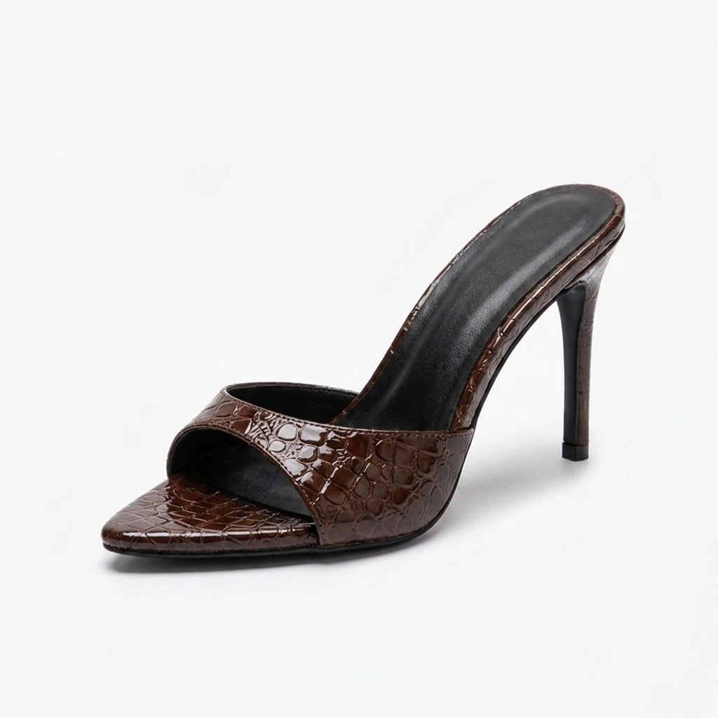 Brown Delphine Croc Heels, women's pointed toe stiletto heels, side profile