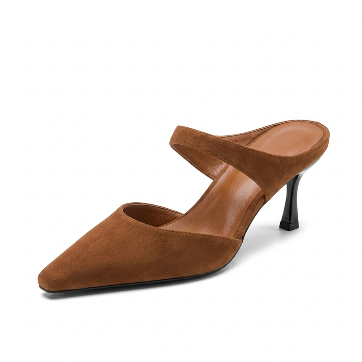 Brown Margot Pointed-Toe Mules, women's pointed toe heeled mules, side profile