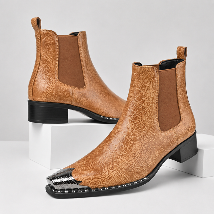 Camel Ryder men's metal-toe boots, pair, angled view