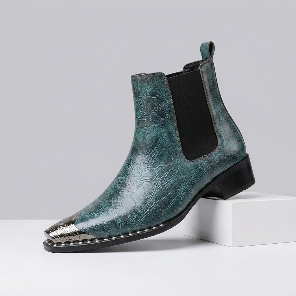 Teal Ryder men's metal-toe boots, side view