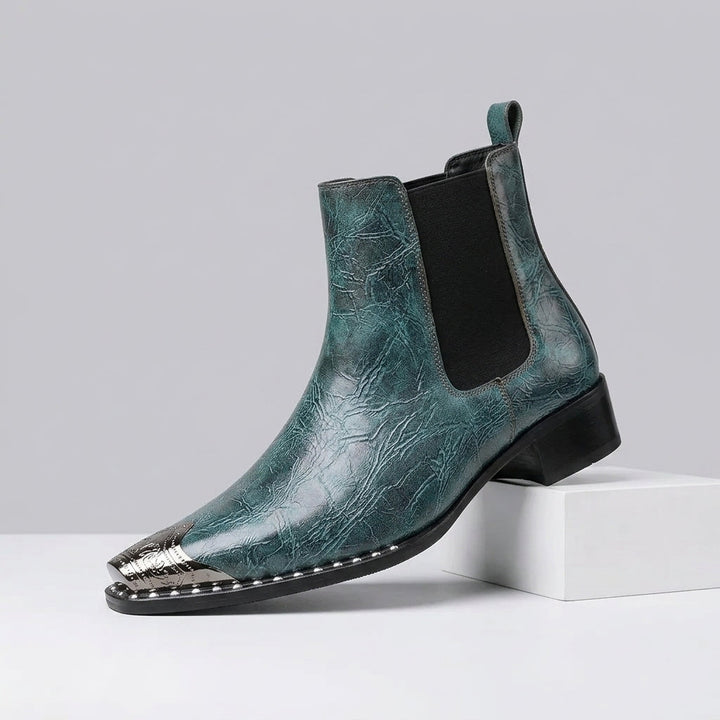 Teal Ryder men's metal-toe boots, side view