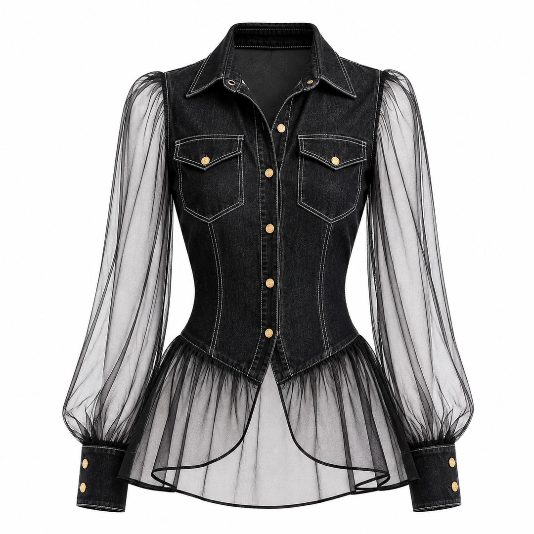 Black denim corset-style blouse with sheer mesh long sleeves, button front, chest flap pockets, and a ruffled tulle hem on a white background.