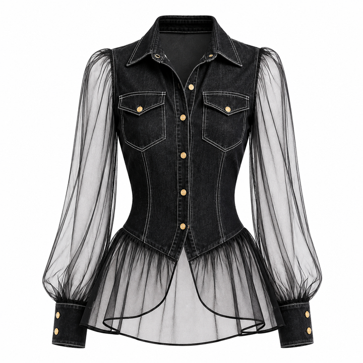Black denim corset-style blouse with sheer mesh long sleeves, button front, chest flap pockets, and a ruffled tulle hem on a white background.