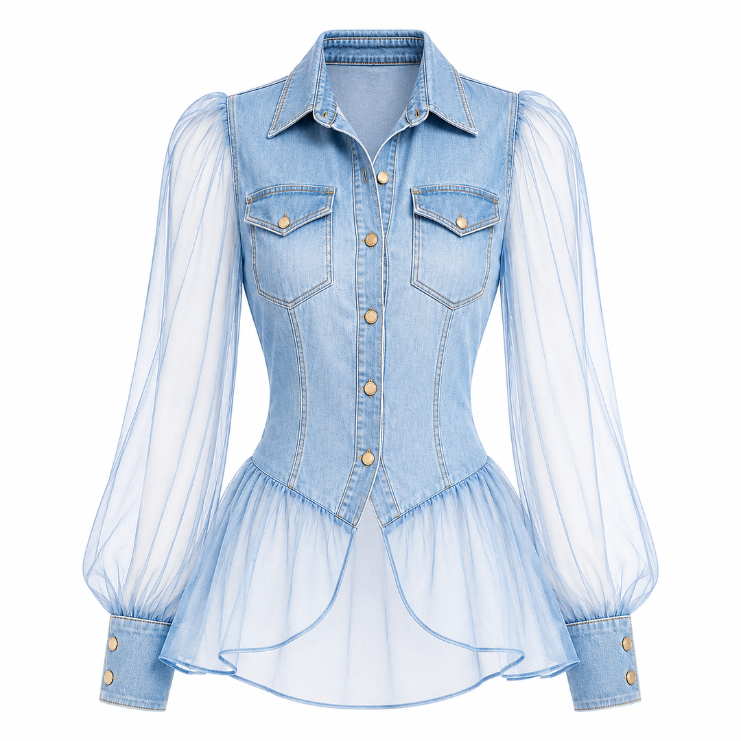 A light blue denim shirt jacket featuring sheer, long balloon sleeves, buttoned front, chest flap pockets, and a ruffled tulle hem, shown on a plain white background.