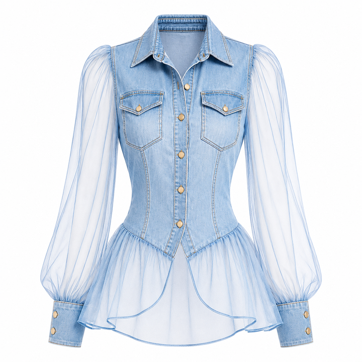 A light blue denim shirt jacket featuring sheer, long balloon sleeves, buttoned front, chest flap pockets, and a ruffled tulle hem, shown on a plain white background.