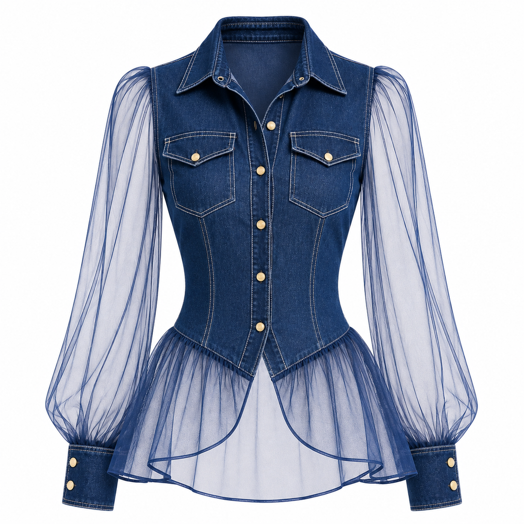 A blue denim long-sleeve blouse with sheer mesh sleeves, a structured corset-style bodice, and a layered tulle hem, shown on a plain white background.