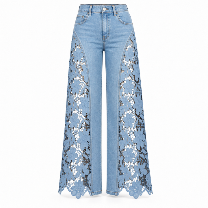 Light blue wide-leg denim jeans featuring intricate floral lace panels on the outer legs, finished with scalloped hems.