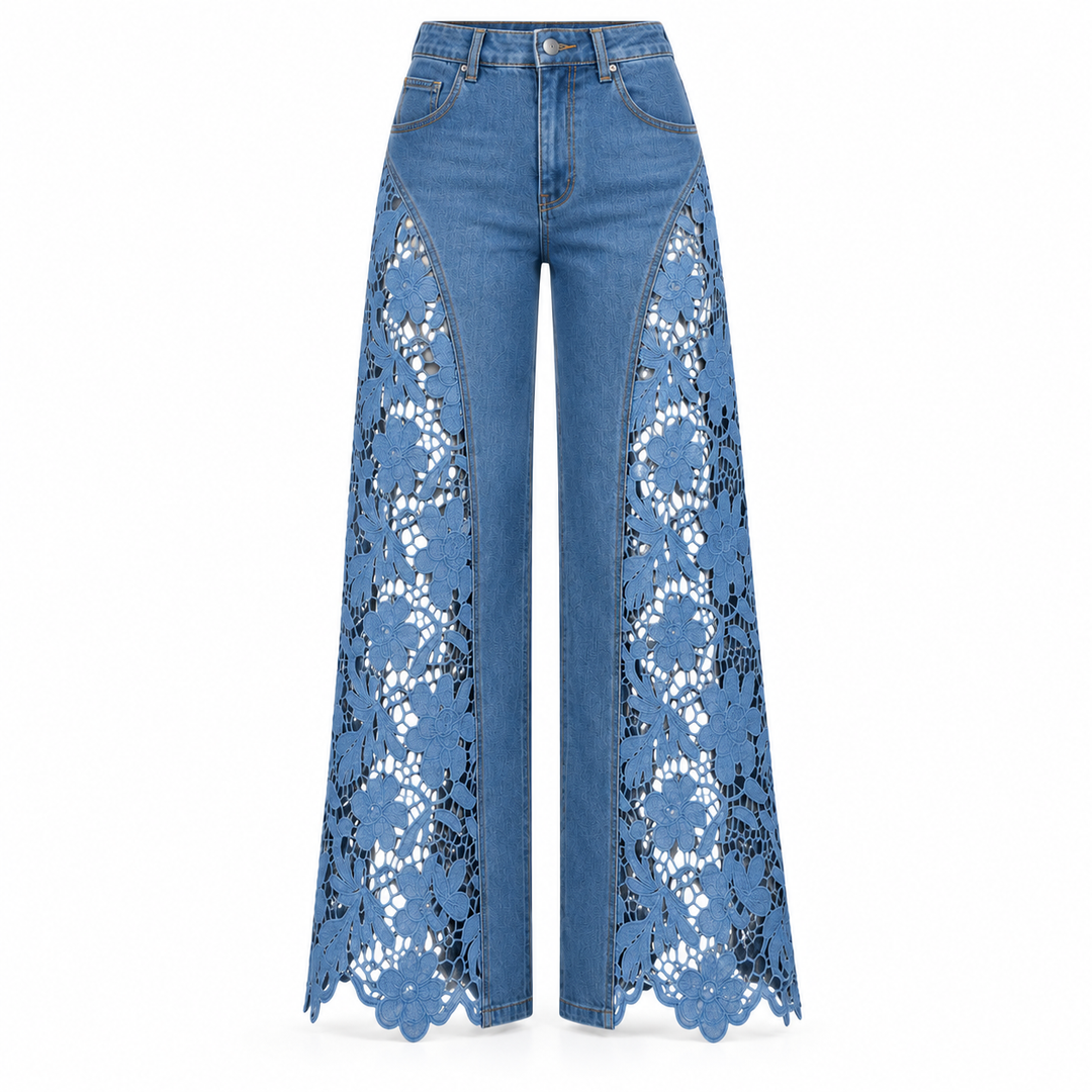 Blue wide-leg denim jeans with intricate floral lace panels running down the front of each leg, finished with scalloped hems, shown on a plain white background.