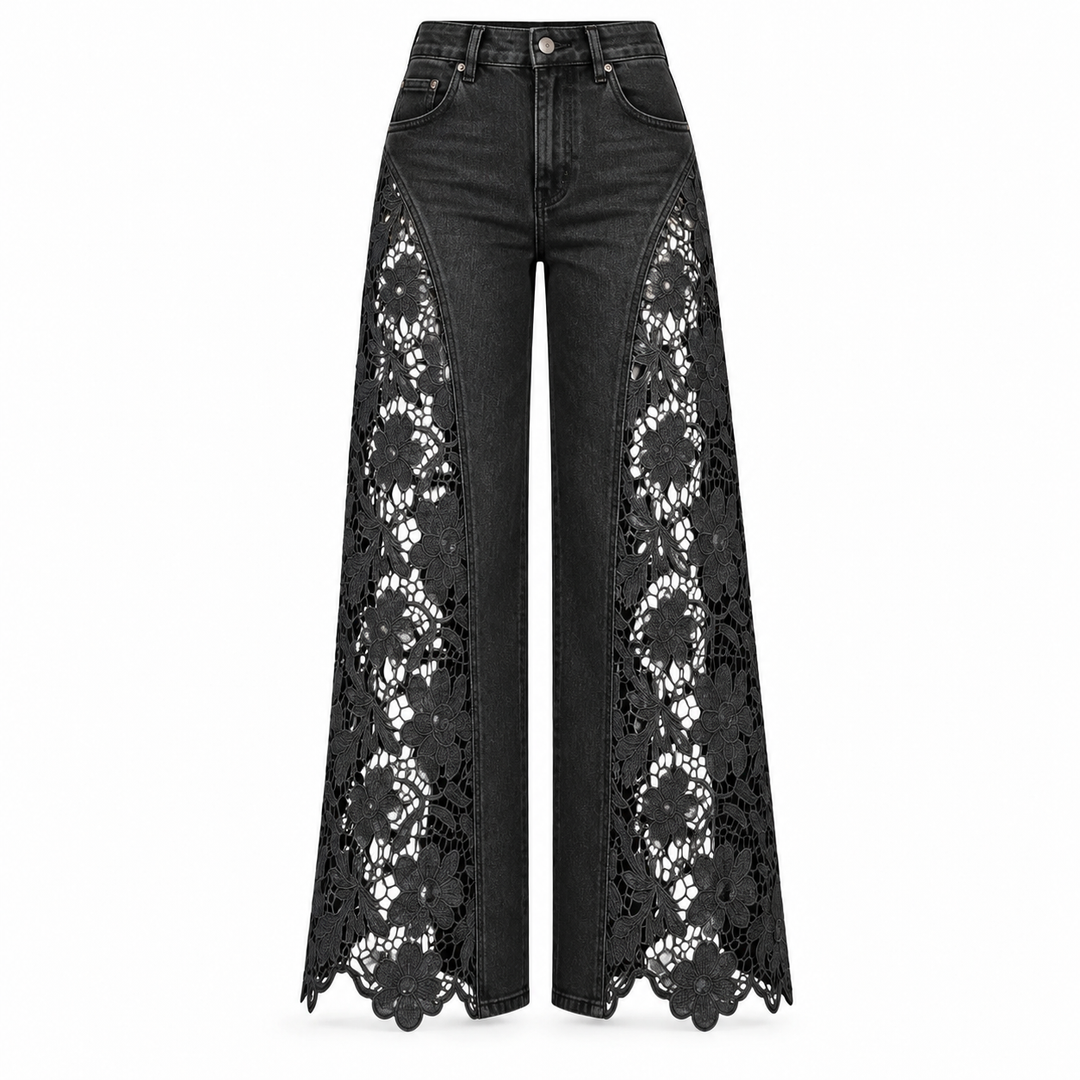 Black wide-leg jeans with intricate floral lace panels running down the front of each leg, shown against a plain white background.