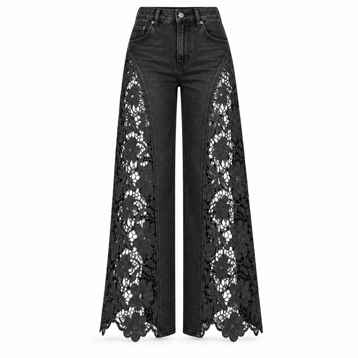 Black wide-leg jeans with intricate floral lace panels running down the front of each leg, shown against a plain white background.