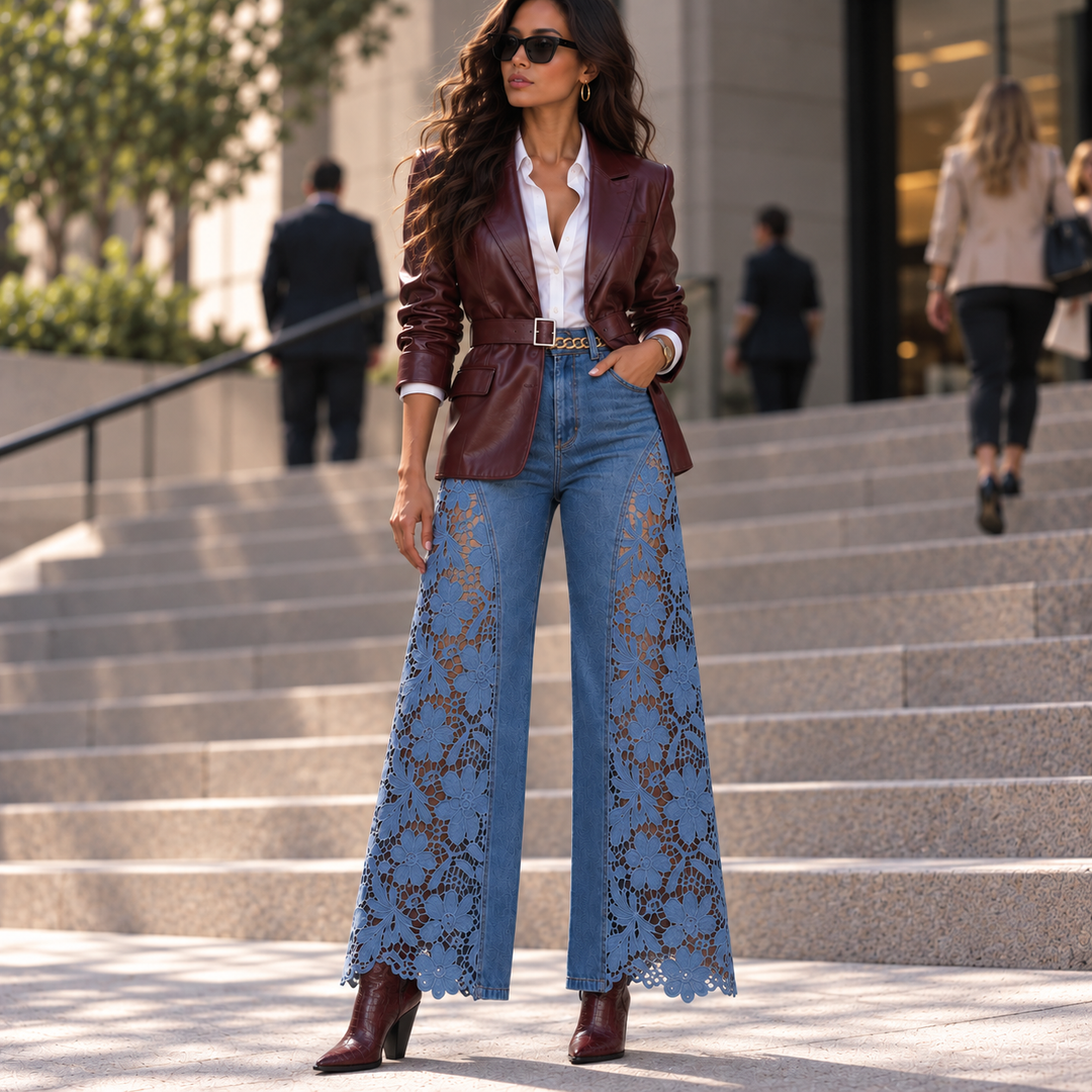 A woman stands on outdoor stone steps wearing a stylish outfit: a dark brown leather blazer over a white shirt, blue lace flared jeans, and brown heeled boots. Other people and buildings are blurred in the background.
