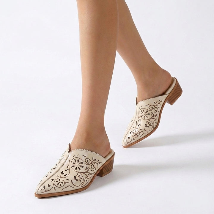 Cream Elodie Filigree Heels, women's floral cutout heels, worn front view