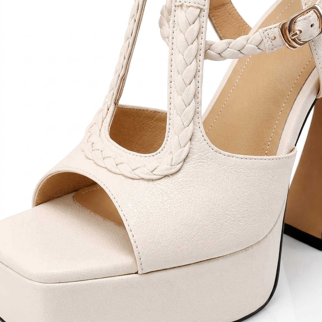 Cream Raven Braided Platforms braided strap and leather detail close-up